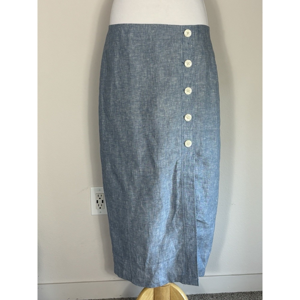 New Loft Linen Skirt Button Detail Midi Straight Split SZ 12 Chambray Blue